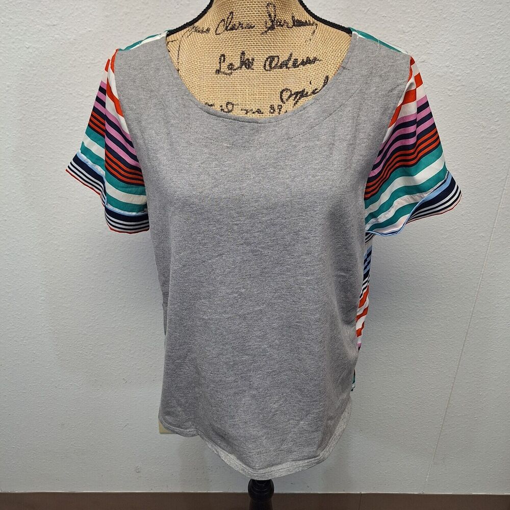 Anthropologie Mixed Media Colorful Stripe Gray Short Sleeve Knit Top Womens Sz S